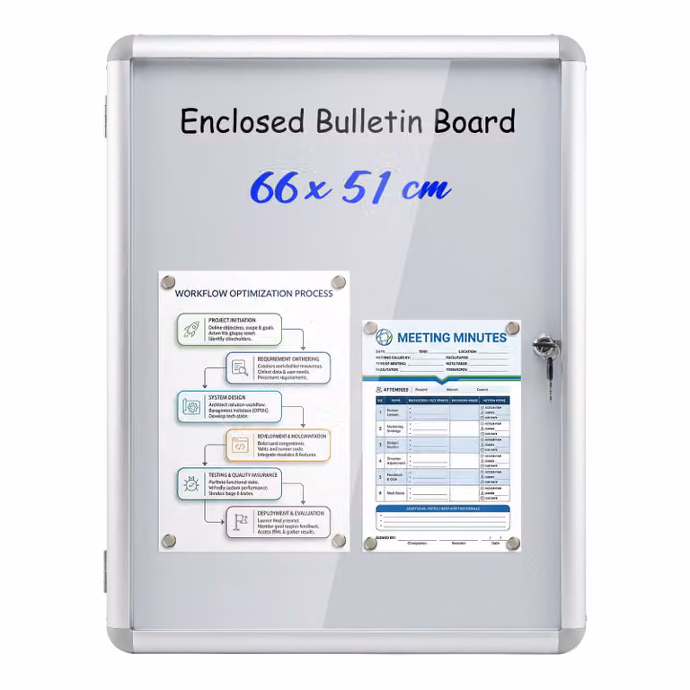 Costway Afsluitbare Vitrine Informatiebord met Magnetische en Beschrijfbare Achterwand en Prikbord voor Wandmontage, Zilver, B: 66 cm, H: 50,8 cm