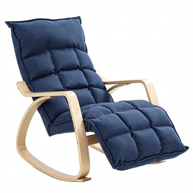 HOMCOM Schommelstoel met verstelbare voetsteun, gewatteerde fauteuil met armleuningen van berkenfineer, donkerblauw