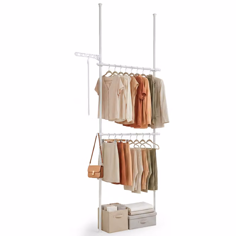 Costway Telescoopstang Kledingrek met 2 Stangen, Hoogte- en Breedteverstelbaar, Wit