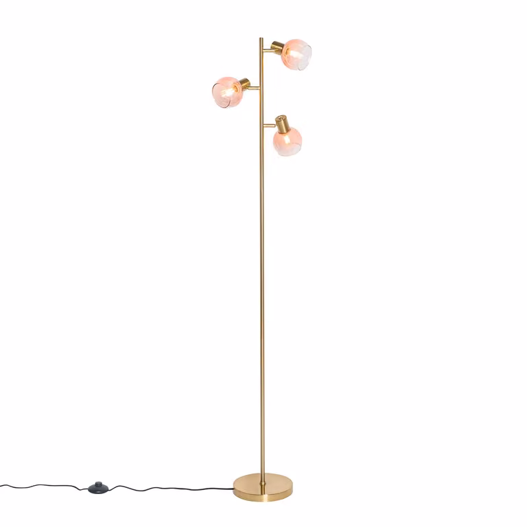 Qazqa Smart vloerlamp goud met roze glas, 3-lichts inclusief 3 Wifi P45 LED-lampen