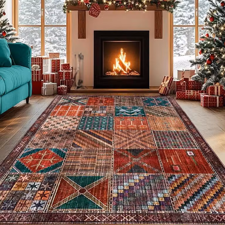 Vintage Patchwork Vloerkleed voor Woonkamer, Slaapkamer of Eetkamer, Multicolore Terracotta Rood Oranje Donkergroen, 160 x 200 cm, Anti-slip en Wasbaar