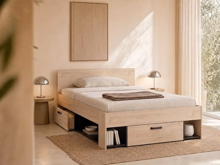 KINSELIA Bed met opbergruimte en matras, B/D: 140 x 200 cm, Kleur: natuurlijk en zwart