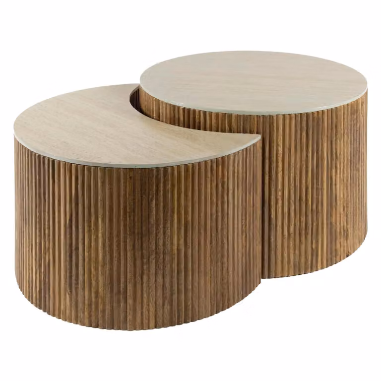 Nest of Nora Salontafel set Sora - Set van 2 - Rond en maanvorm - Massief mangohout - B/D/H: 60 x 60 x 40 cm en 60 x 40 x 30 cm