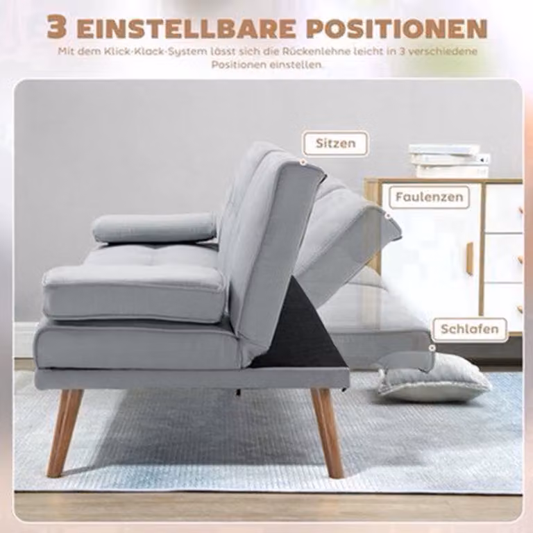 Lichtgrijze 3-zits slaapbank met Scandinavisch design, inklapbare tafel en bekerhouder