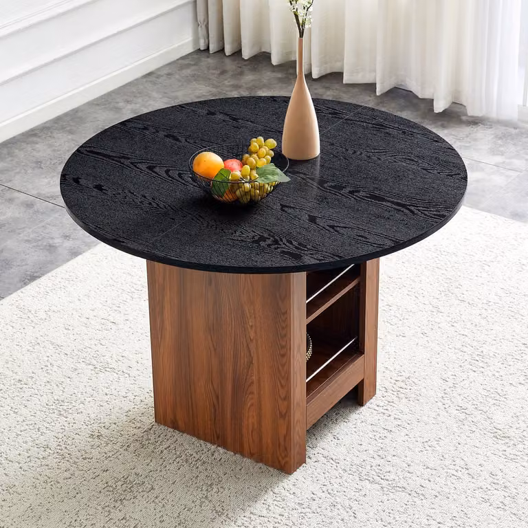 REDOM Ronde Eettafel met Open Opbergvakken in Scandinavische Stijl - Walnootkleur en Zwart - Diameter: 100 cm
