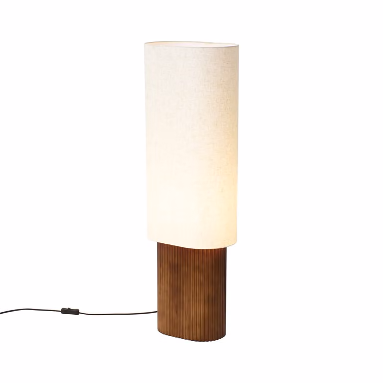 Qazqa Japandi vloerlamp Lamel - Walnoot hout met beige stoffen kap - Hoogte: 90 cm