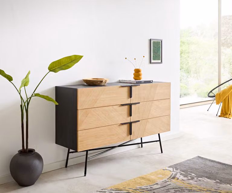 DELIFE Dressoir Mikkusu met 6 laden, Bamboe en Mango hout, Zwart/Bruin, Industrieel design