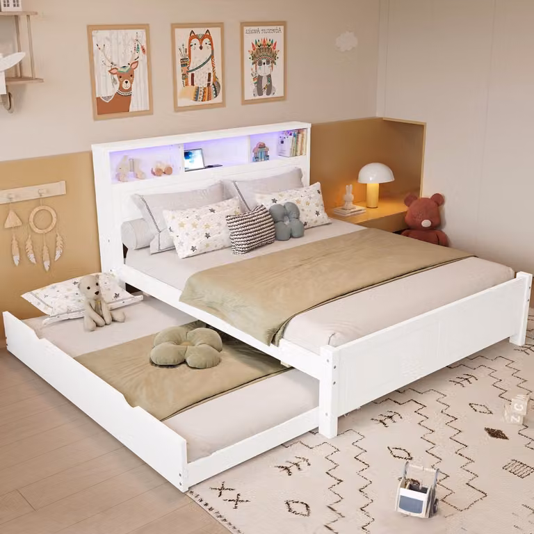 HAUSS SPOLE Familiebed met uitschuifbed, LED-verlichting en USB-laadpunt, Wit, B/D: 120 x 200 cm
