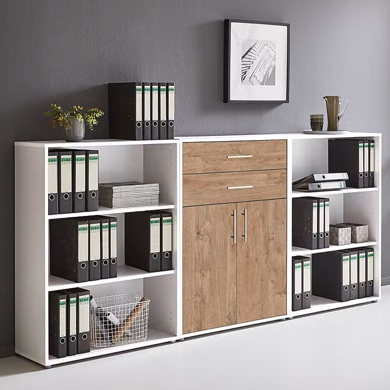 home24 Kastenset 3-delig Sanremo, wit en eikenhouten look, B/D/H: 114 x 85 x 33 cm