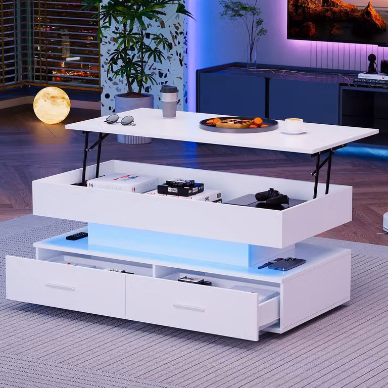 MODENUIT Salontafel met LED en hydraulisch verstelbaar mechanisme, 2 laden en open vak, Wit, B: 100 cm, D: 50 cm, H: 44 cm