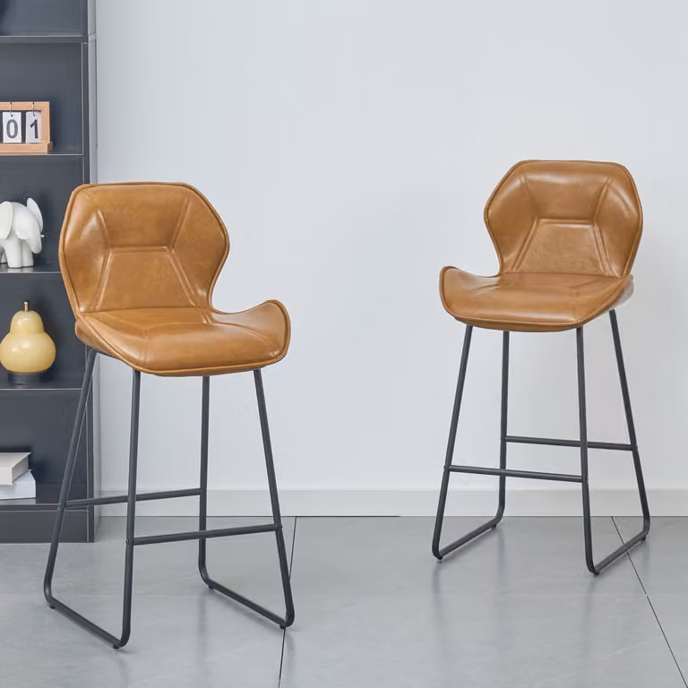 REDOM Barkrukken Set van 2 - Modern - Met Rugleuning en Voetensteun - Metaal en Kunstleer - Bruin