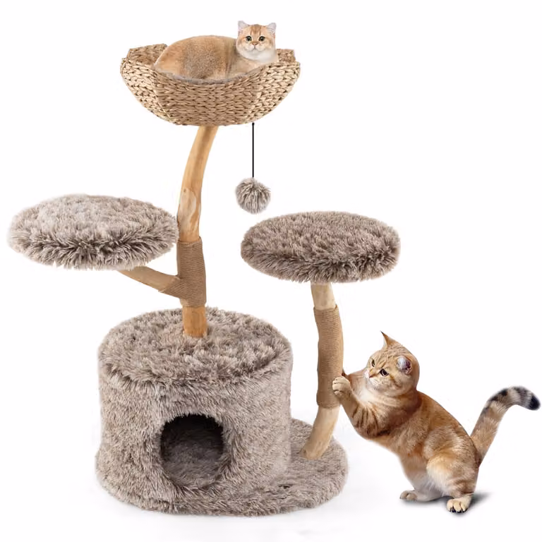 Costway Krabpaal met Massief Perenhouten Stam en Natuurlijke Takken, 105 cm, Modern Activiteitencentrum met Sisal Krabpalen