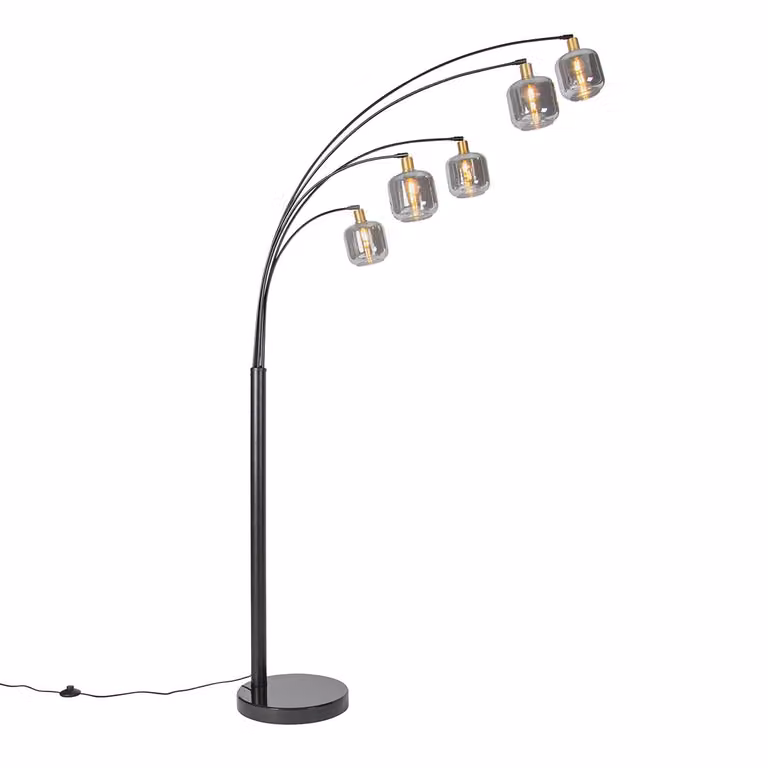 Qazqa Vloerlamp Modern Zwart en Goud met Grijs Glas, 5-lichts, Dimbaar