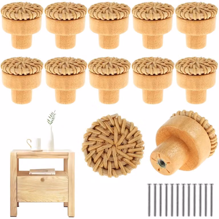 Set van 12 ronde meubelknoppen van hout en rotan voor lades en deurtjes - 30 mm - Boho stijl