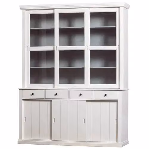 WOOOD Lagos Vitrinekast in wit gelakt grenenhout met glazen deuren, B/D/H: 166 x 48 x 214 cm