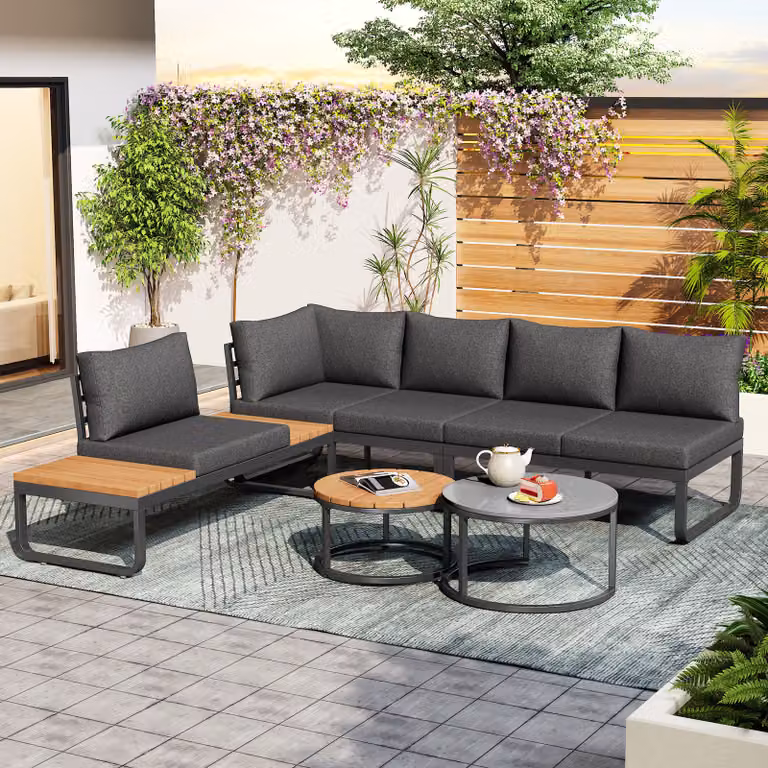 MODFU Tuinset voor 4-5 personen met grijs verzinkbaar ijzeren frame en kussens