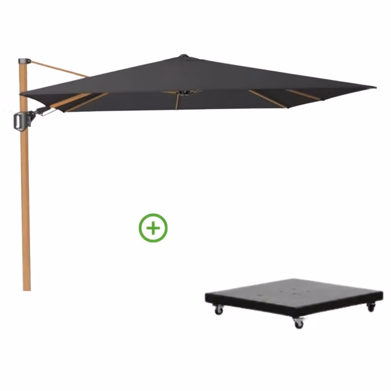 Platinum Challenger T² zweefparasol met premium doek en Monza parasolvoet 90kg - Faded Black/Teak look - B/D: 300 x 300 cm