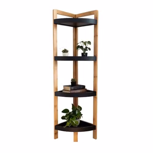 Relaxdays Hoekrek van Bamboe met 4 Planken, Bruin-Zwart, H 105,5 x B 23 x D 23 cm