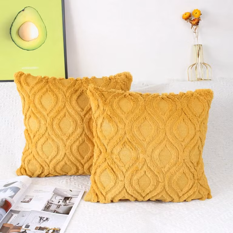 Set van 2 Pluche Wol Kussenhoezen Mosterdgeel - 50 x 50 cm - Velvet Boho Decoratieve Kussens voor Woonkamer en Slaapkamer