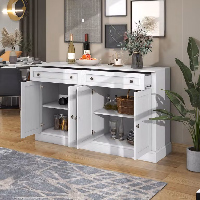 DESMIU Dressoir Retro Modern met 4 Deuren en 2 Laden, Houtlook Wit, B/D/H: 150 x 40 x 86 cm