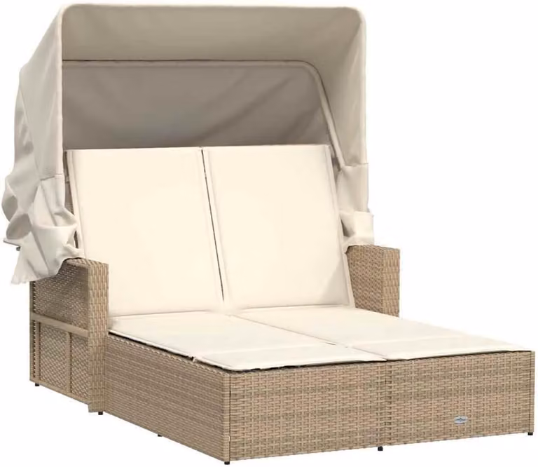 Beige PE-rotan tweepersoonsbed met uittrekbaar zonnedak, kussens en verstelbare rugleuning
