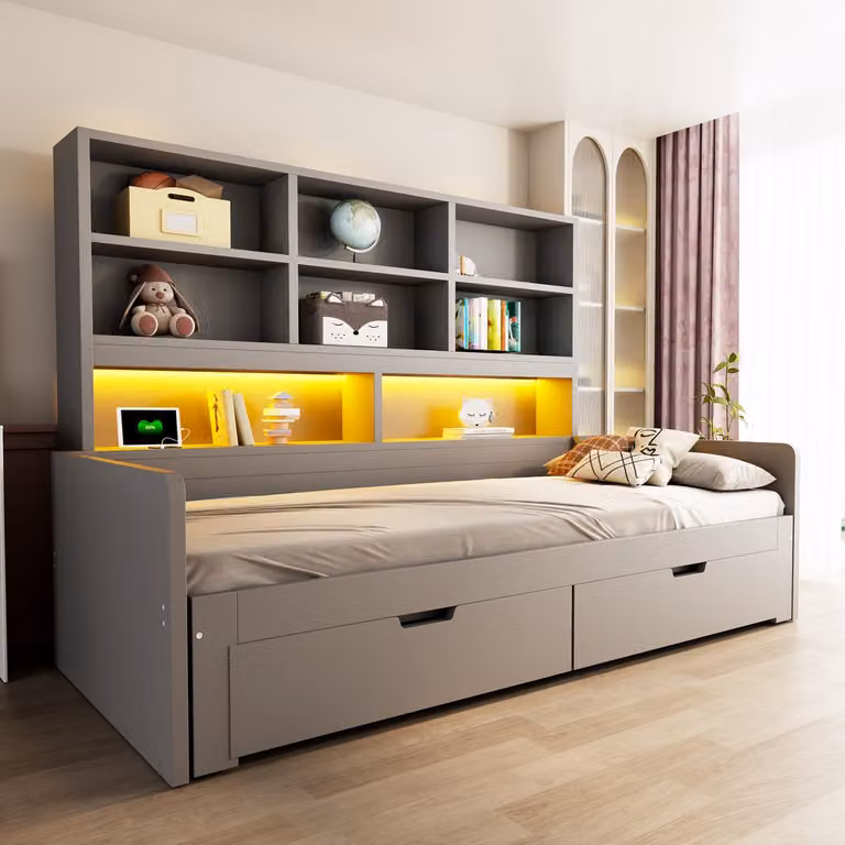 STILVORA Bedbank Grijs - Uitschuifbaar Slaapbed met Opbergruimte en Lades - B/D: 90 x 200 cm - Voor Jeugdkamer of Slaapkamer