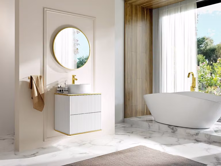 Keliza Hangmeubel voor badkamer met ribbels en goudkleurige rand, ronde opbouwwastafel, Wit, Breedte: 60 cm