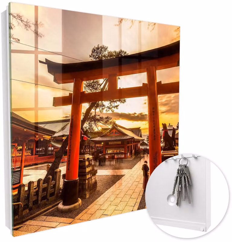Coloray Sleutelbox met 50 haken - Japanse Poort - Oranje - B/D/H: 30 x 30 x 5 cm
