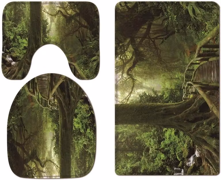 3-delige badmat set voor toilet en badkamer in tropisch groen, 80 x 50 cm