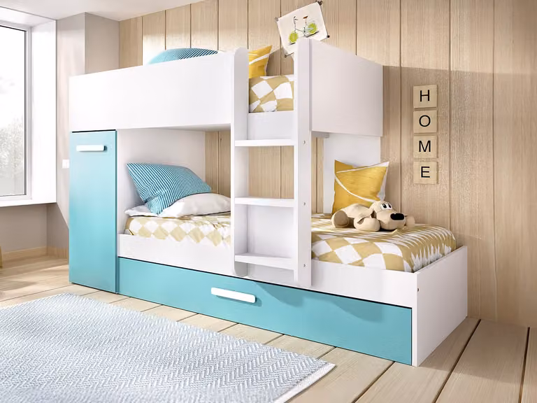 Vente-unique Stapelbed voor kinderen met opbergruimte en lades, wit en turquoise, B/D/H: 90 x 190 cm
