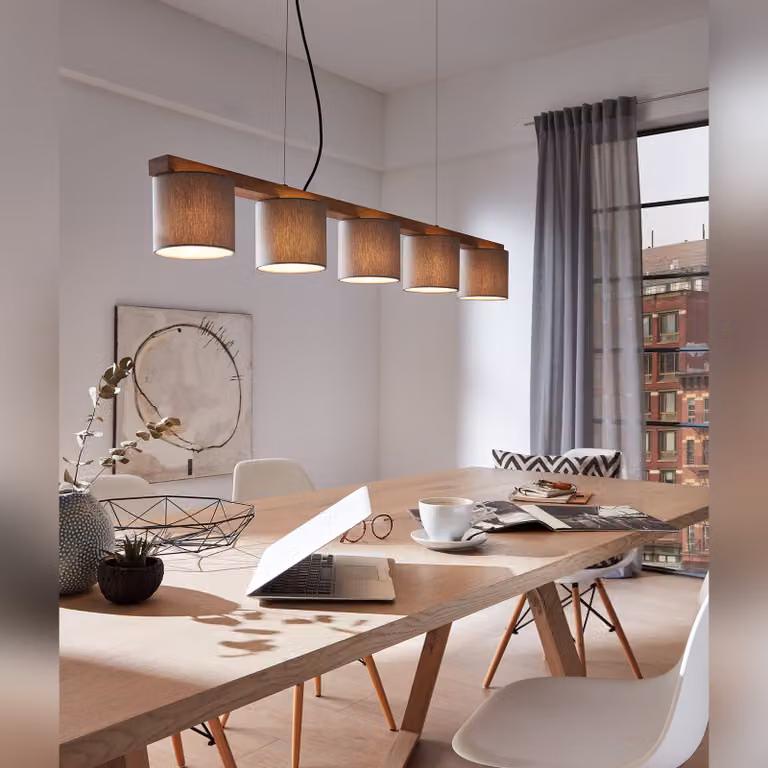 Briloner Hanglamp met 5 lichtpunten in hout en textiel, Bruin/Grijs, B: 110 cm, D: 100 cm, H: 136 cm