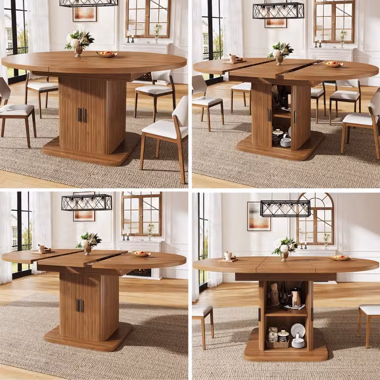 Merax Uitschuifbare ovale eettafel met uitneembare plank en opbergruimte - Walnotekleur