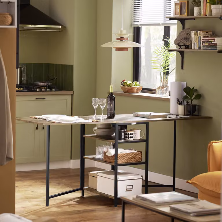 SoBuy FWT62-N Opklapbare eettafel met 3 opbergplanken in industriële stijl, B/H/D: 180 x 77 x 60 cm