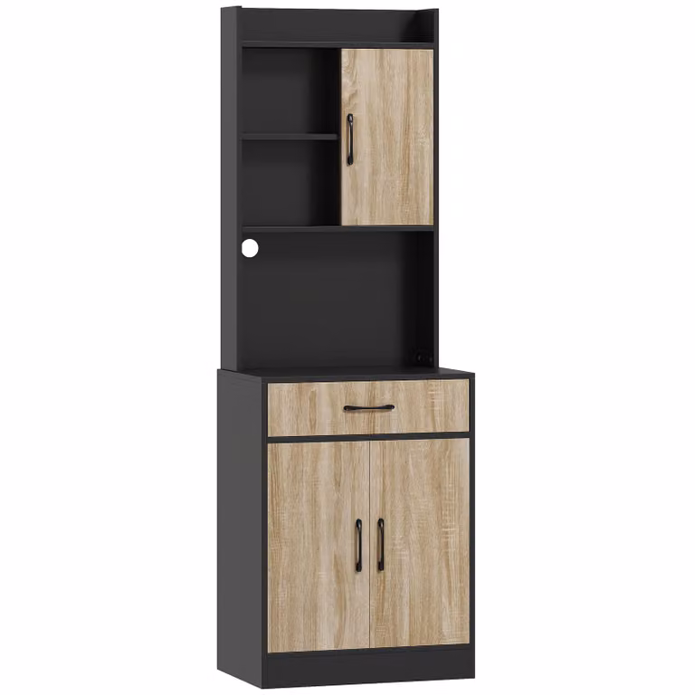 HOMCOM Keukenkast met Werkblad en Kabelopening, Moderne Commode met 3 Open Planken, Natuur Hout en Zwart, B/D/H: 60 x 40 x 180 cm
