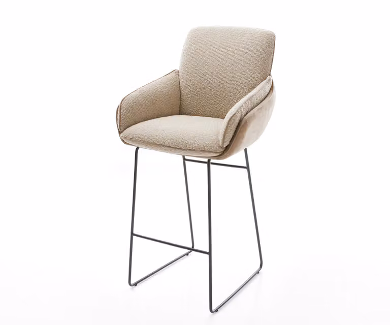 DELIFE Barkruk met armleun, modern ontwerp in zwart, bruin en beige met microfibre en boucle bekleding en metalen frame
