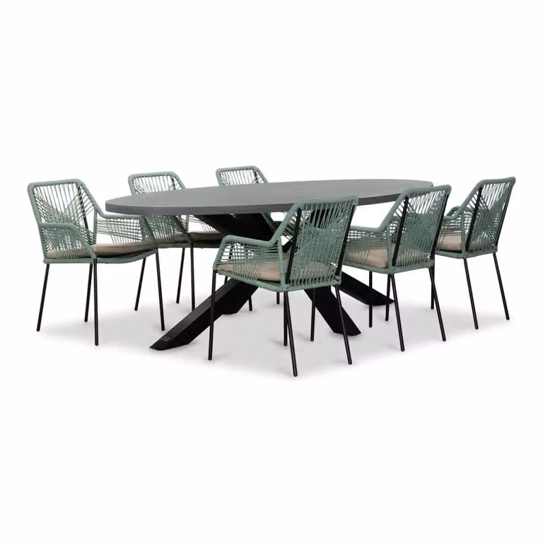 Stockholm/Seville mint eettafelset voor 6 personen met betonlook en touw, 240 cm ovaal