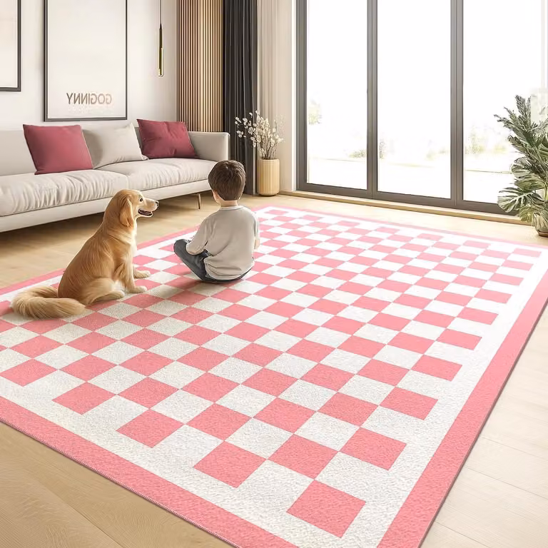 Geruit Vloerkleed Schaakbord Tapijt Roze Wit - Boho Woonkamer Decoratie - 152 x 213 cm
