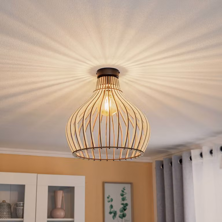 Temar Lighting Barrel Plafondlamp, Hout en Zwart, Dimbaar, Landelijke Stijl