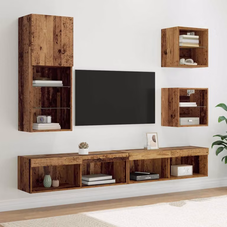 vidaXL Set van 5 moderne TV-meubels voor aan de muur met LED-verlichting en gerecycled hout, B/D/H: 100 x 30 x 30 cm