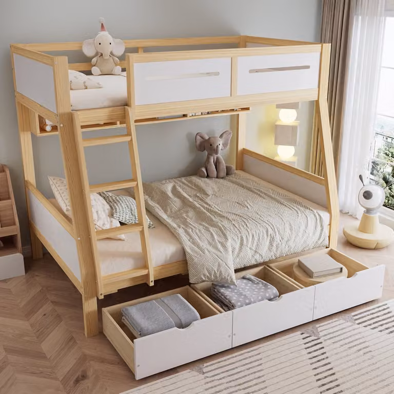 MODENUIT Stapelbed voor kinderen met 3 laden en boekenrek, Wit/Naturel, B/D/H: 90 x 200 cm / 120 x 200 cm