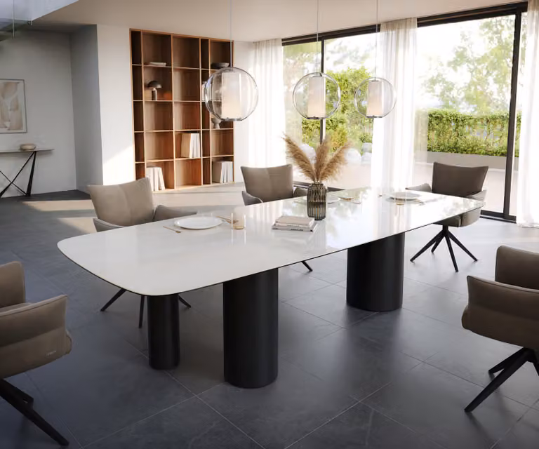 DELIFE Eettafel Edge Boot Onyx Champagne Keramiek met Zwart Metalen Onderstel B: 300 cm, D: 120 cm, H: 76 cm