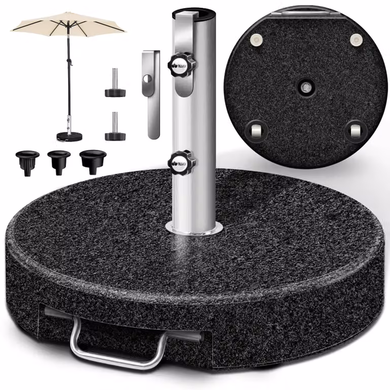 tillvex Graniet Parasoldvoet met Wielen en Telescoopgreep, 27 kg, Rond, voor Parasolstokken 16-48 mm en 250 cm Diameter