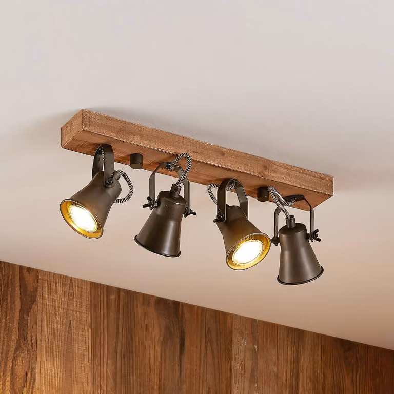 Lindby Grandesa Plafondspot, 4-lampig, Hout en Metaal, Donkerbruin, Dimbaar