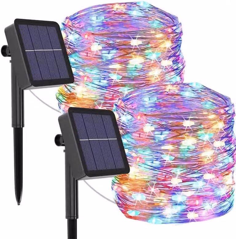 Mafiti Set van 2 gekleurde zonne-lampen voor buiten, 24 meter, 240 LED's, 8 modi, waterdichte lichtslingers met koperdraad voor tuin en terras