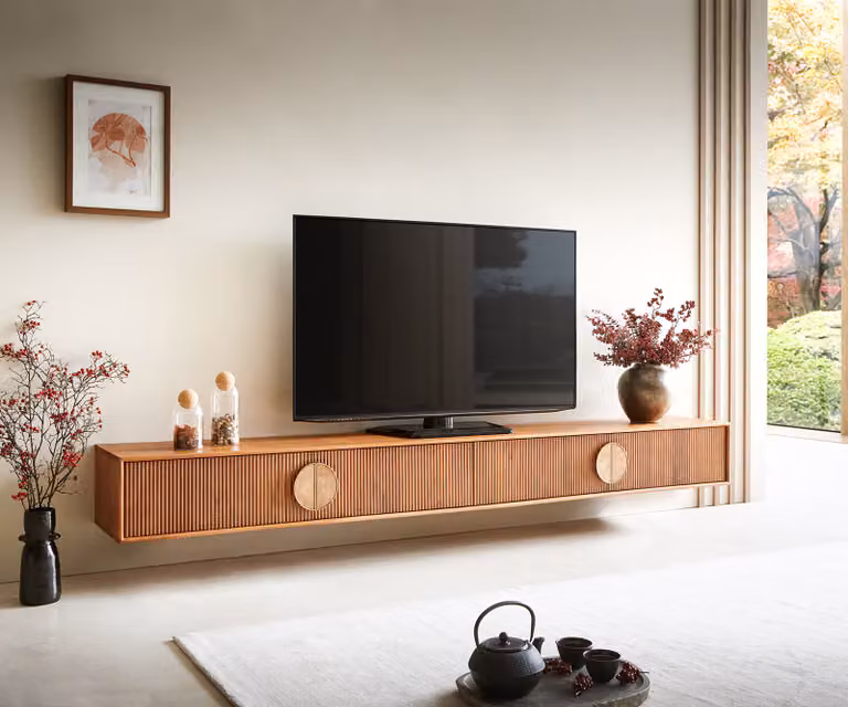 DELIFE Tv-meubel Surimu 240 cm acacia lichtbruin met 4 deuren en kurk grepen zwevend