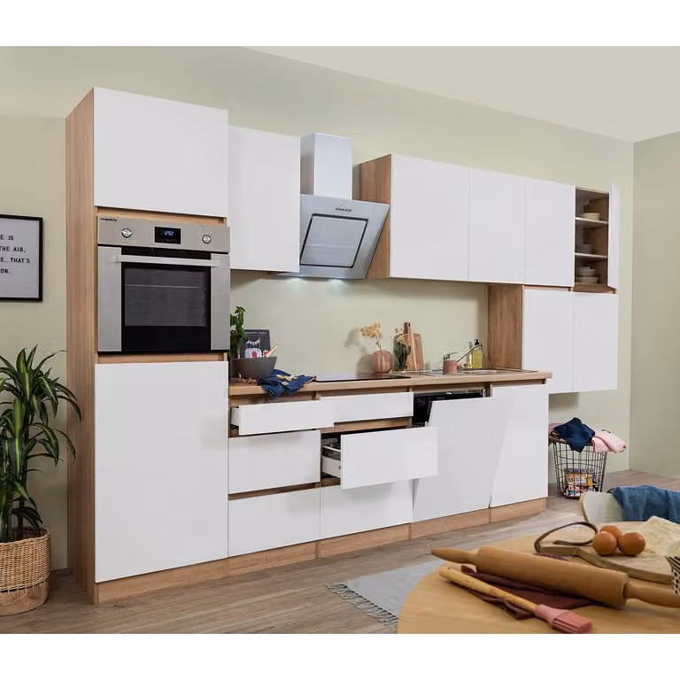home24 Keukenblok Lorena VI wit hoogglans en eikenhouten look, 380 cm