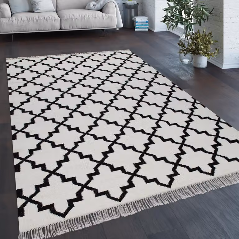 Paco Home Marokkaans Tapijt voor Woonkamer en Slaapkamer, Handgeweven Wol en Katoen, Wit en Zwart, 80 x 150 cm