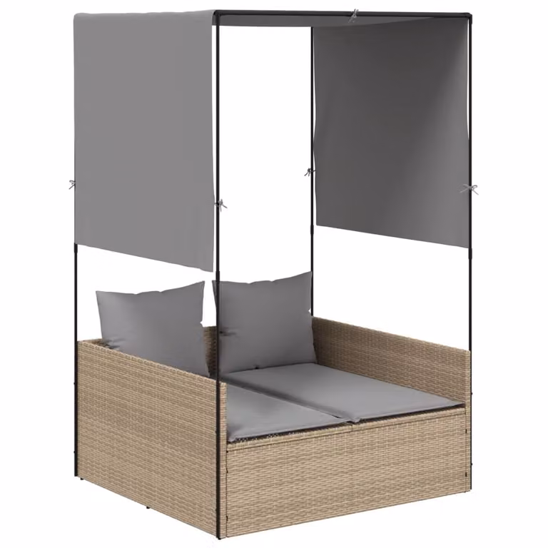vidaXL Dubbele ligbed met zonnedak en gordijnen, beige, polyrotan