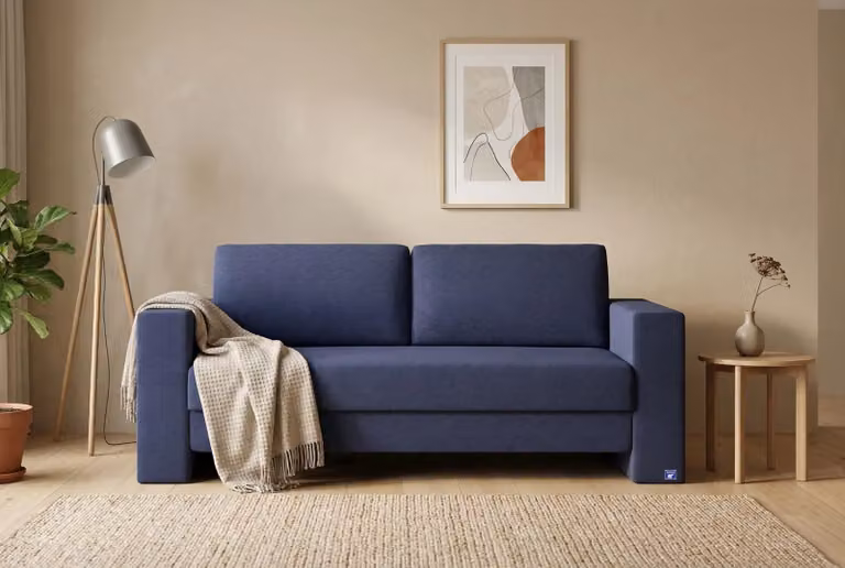 Kubus BRUNO slaapbank 160 cm blauw met massief hout en boxspringcomfort