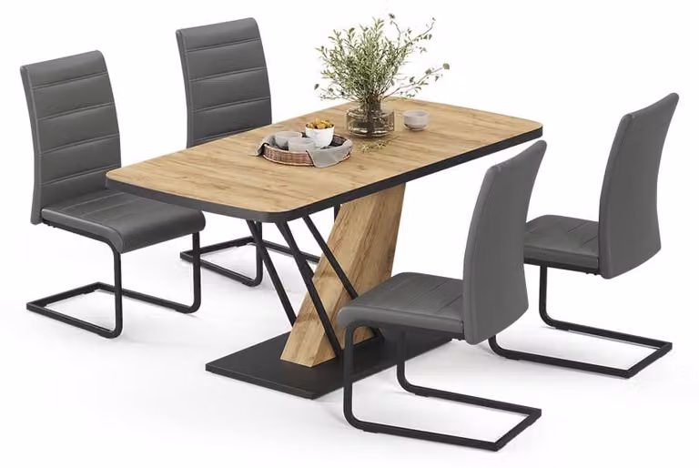 Vicco Fenaro Eettafelset met 4 eetkamerstoelen, Goudkleurig Eiken en Grijs, B: 120 cm, D: 80 cm, H: 76 cm